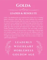 Golda name origin print with meaning and traits in pink
