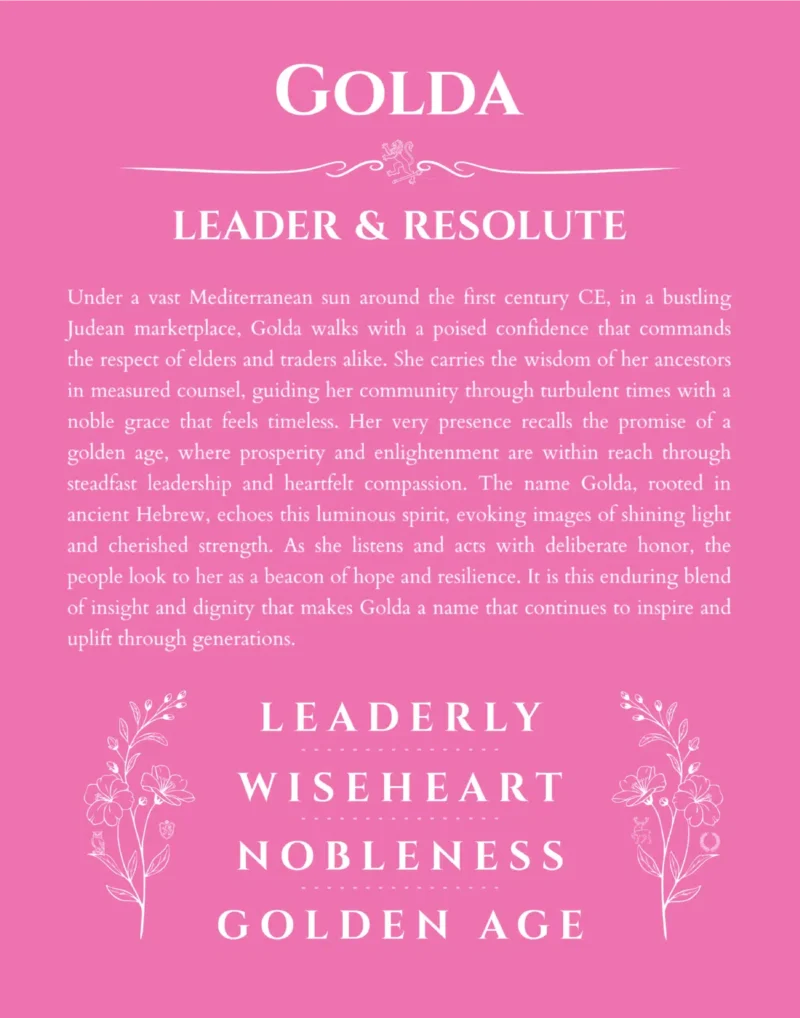 Golda name origin print with meaning and traits in pink