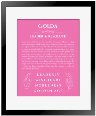 Golda name origin print with meaning and traits in pink with black matte frame