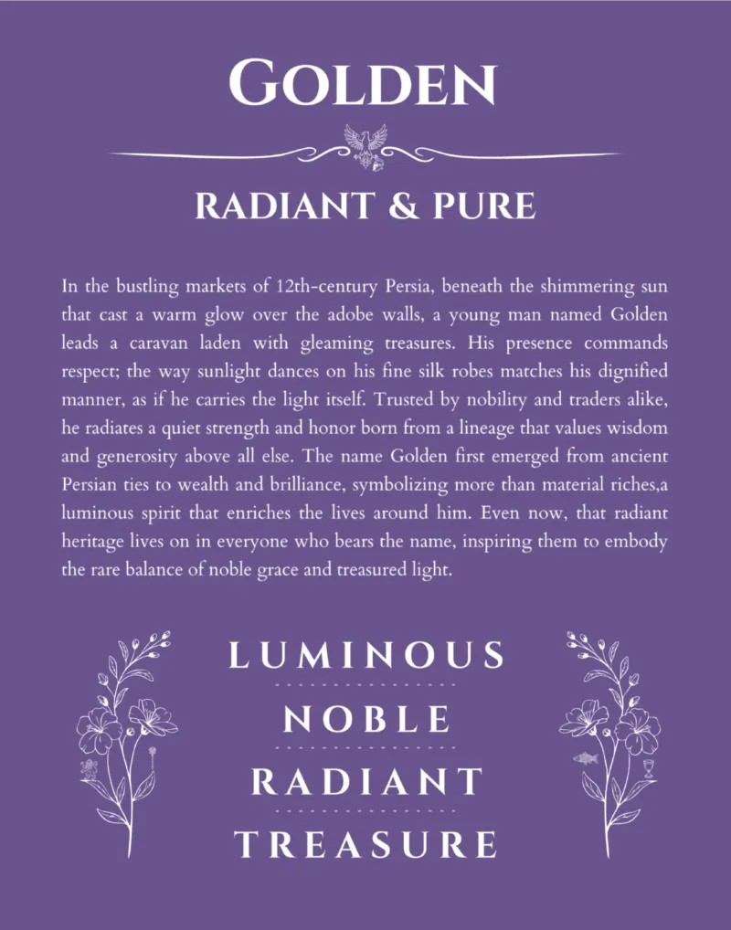 Golden custom name art showing meaning and origin in purple