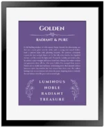 Golden custom name art showing meaning and origin in purple with black matte frame