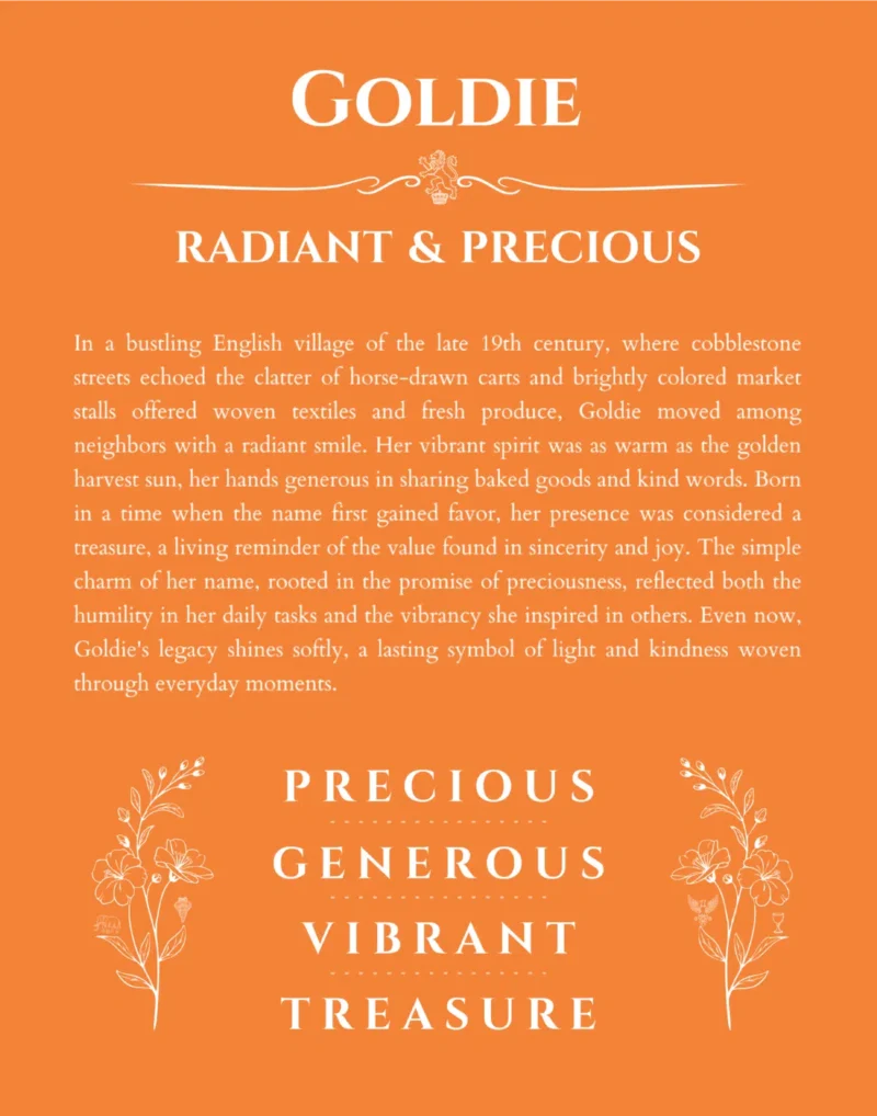 Goldie custom name art showing meaning and origin in orange