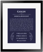 Goldy custom name meaning print in navy blue with black matte frame