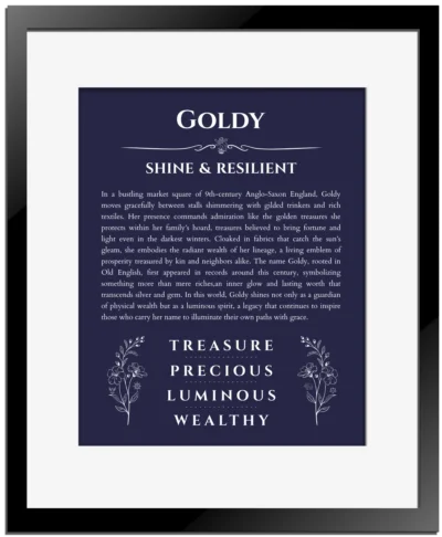 Goldy custom name meaning print in navy blue with black matte frame