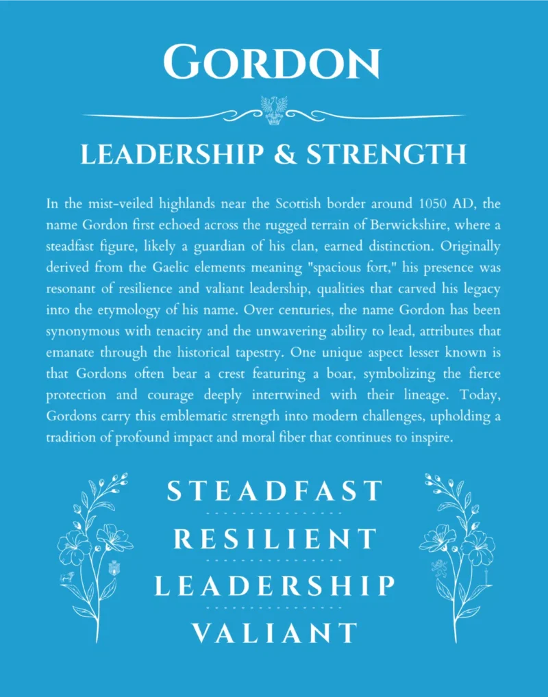 Gordon personalized name print with origin and traits in blue
