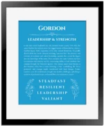 Gordon personalized name print with origin and traits in blue with black matte frame