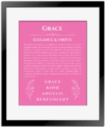 Grace personalized name meaning print in pink with black matte frame