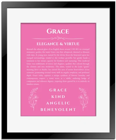 Grace personalized name meaning print in pink with black matte frame