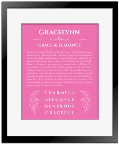 Gracelynn name meaning gift print in pink with black matte frame