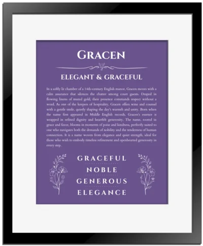 Gracen custom name meaning print in purple with black matte frame