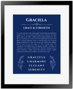 Graciela personalized name art with origin story in deep blue with black matte frame