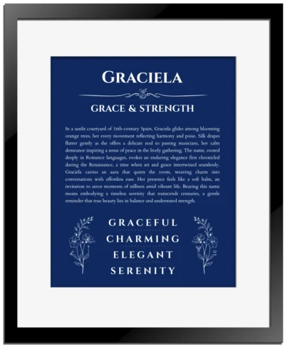 Graciela personalized name art with origin story in deep blue with black matte frame