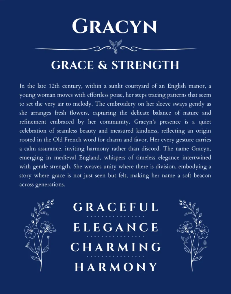 Gracyn custom name art showing meaning and origin in deep blue