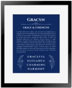 Gracyn custom name art showing meaning and origin in deep blue with black matte frame