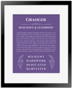 Granger personalized wall art with the story of your name in purple with black matte frame