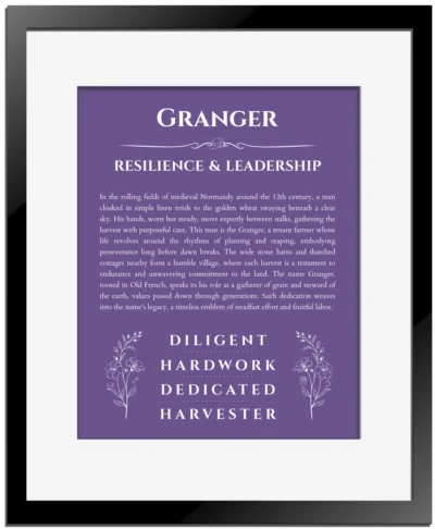 Granger personalized wall art with the story of your name in purple with black matte frame