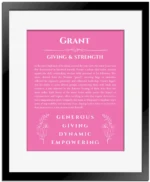 Grant personalized name art with origin story in pink with black matte frame