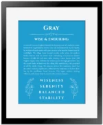 Gray custom name meaning print in blue with black matte frame