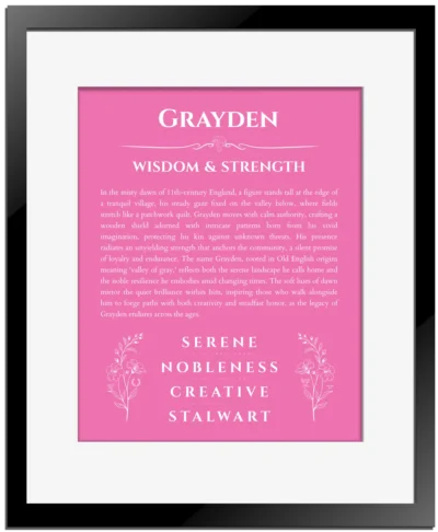 Grayden personalized wall art with the story of your name in pink with black matte frame