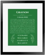 Grayson personalized name art with origin story in dark green with black matte frame