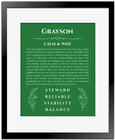 Grayson personalized name art with origin story in dark green with black matte frame