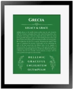 Grecia name meaning wall art by Get Your Story in dark green with black matte frame