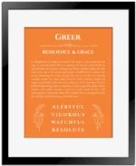 Greer personalized wall art with the story of your name in orange with black matte frame