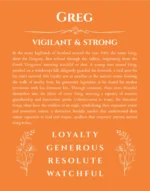 Greg personalized name print with origin and traits in orange
