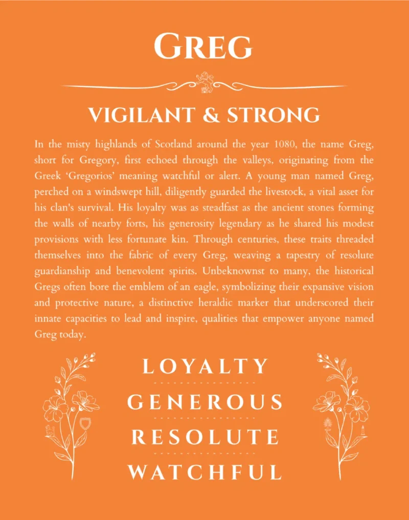 Greg personalized name print with origin and traits in orange