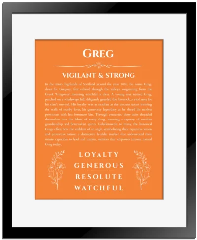 Greg personalized name print with origin and traits in orange with black matte frame
