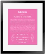 Gregg personalized name meaning print in pink with black matte frame