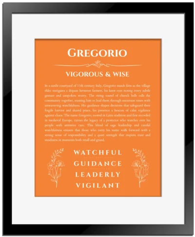 Gregorio personalized wall art with the story of your name in orange with black matte frame