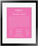 Greta personalized wall art with the story of your name in pink with black matte frame