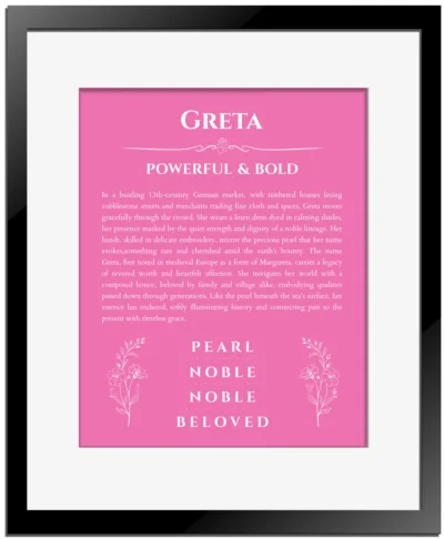 Greta personalized wall art with the story of your name in pink with black matte frame