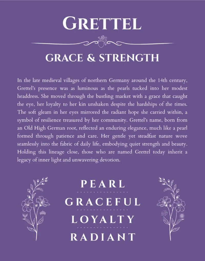 Grettel personalized wall art with the story of your name in purple