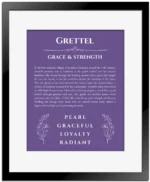 Grettel personalized wall art with the story of your name in purple with black matte frame