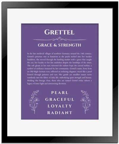 Grettel personalized wall art with the story of your name in purple with black matte frame