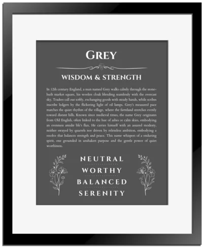 Grey personalized name art with origin story in gray with black matte frame