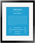 Greysen name meaning wall art by Get Your Story in blue with black matte frame