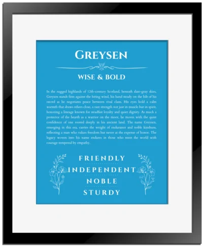 Greysen name meaning wall art by Get Your Story in blue with black matte frame