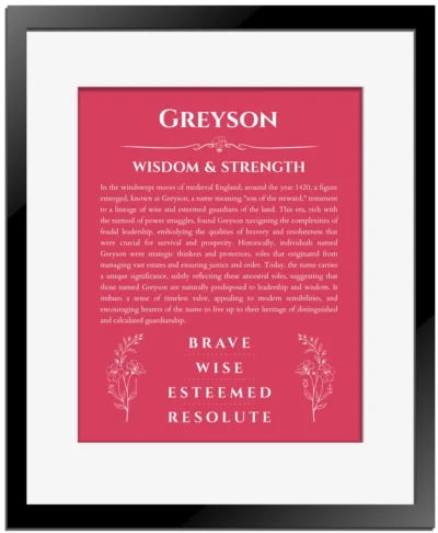 Greyson personalized name meaning print in red with black matte frame