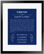 Griffin personalized name art with origin story in deep blue with black matte frame