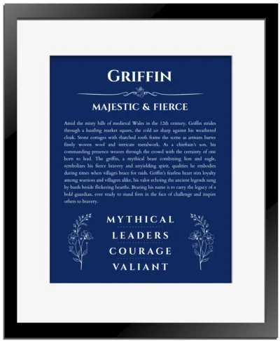 Griffin personalized name art with origin story in deep blue with black matte frame