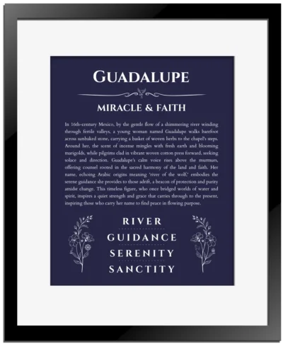 Guadalupe custom name print for wall display in navy blue with black matte frame