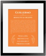 Guillermo personalized name art with origin story in orange with black matte frame