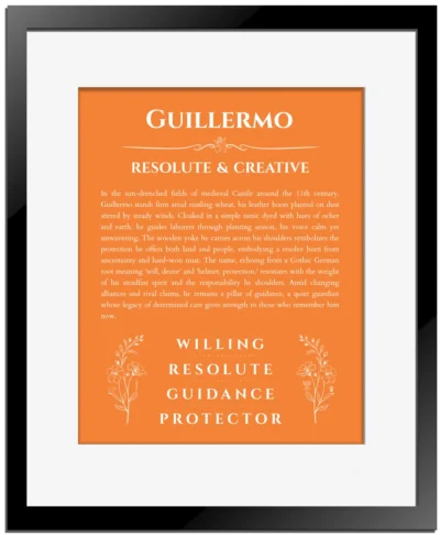 Guillermo personalized name art with origin story in orange with black matte frame