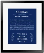 Gunnar custom name meaning print in deep blue with black matte frame