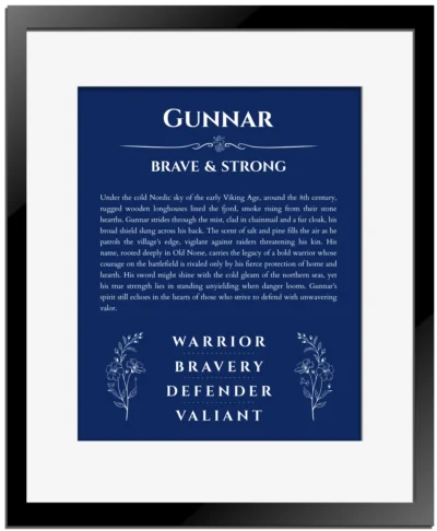 Gunnar custom name meaning print in deep blue with black matte frame