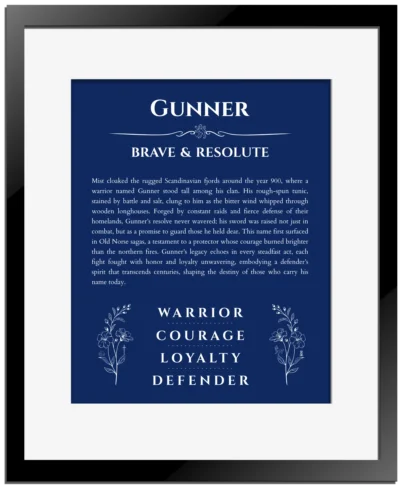 Gunner name meaning wall art by Get Your Story in deep blue with black matte frame