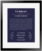 Gurbaaz name meaning wall art by Get Your Story in navy blue with black matte frame